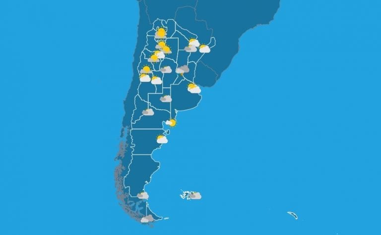 Así estará el clima el domingo por la mañana, mientras por la tarde estará nublado en todos el país y las tormentas de Santa Fe se trasladarán a Misiones. Fuente: www.smn.gob.ar/pronostico