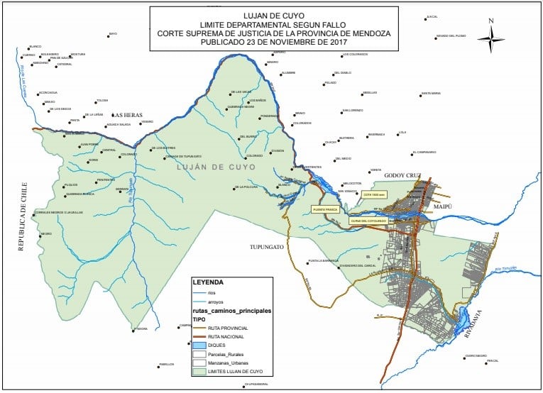 Mapa donde están establecidos los límites entre Luján de Cuyo y Las Heras.