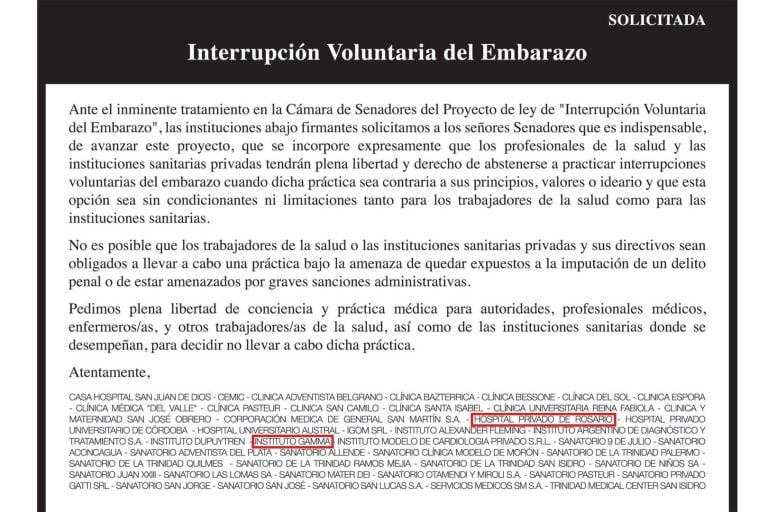 En una solicitada, un nutrido grupo de efectores privados de salud de todo el país pidieron que se incorpore el proyecto de interrupción voluntaria del embarazo, a la objeción de conciencia. (Twitter)