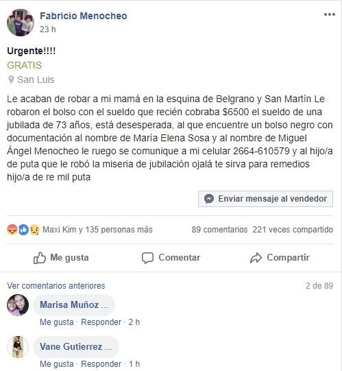 El descargo del hijo de la mujer asaltada, en Facebook.