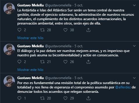 Mellela se expresó en Twitter ante los derechos soberanos de Malvinas.