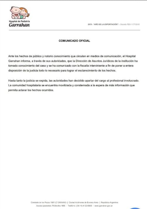 Comunicado del Hospital Garrahan.