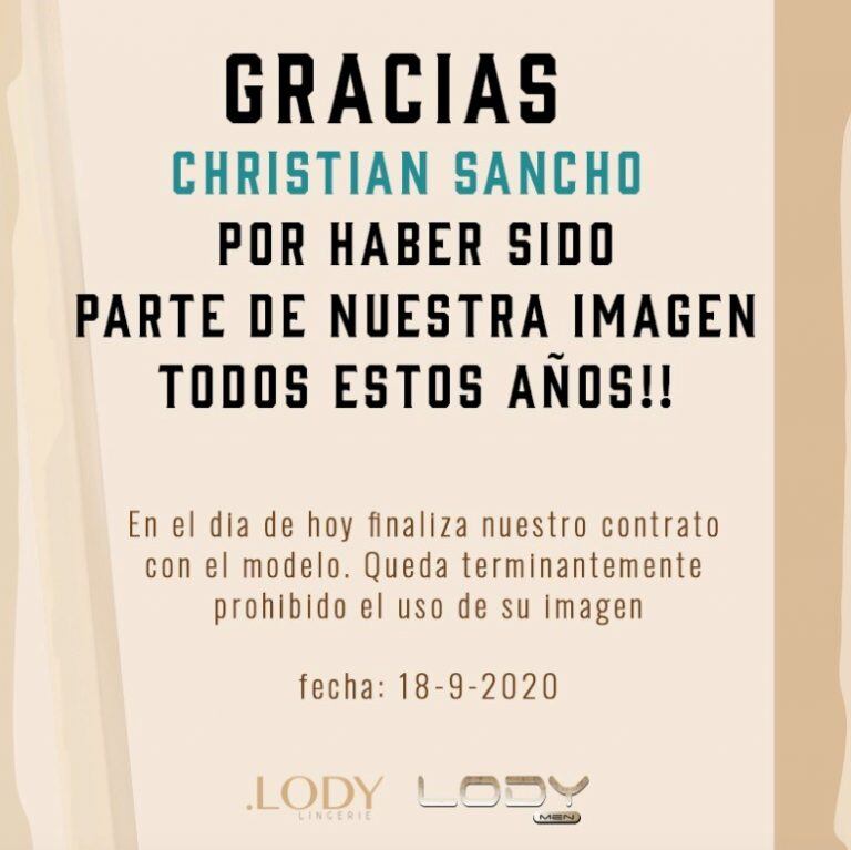 La firma agradeció el trabajo de Sancho a lo largo de varios años. (@lodyoficial)