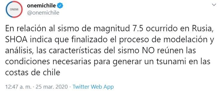 El Servicio Hidrográfico y Oceanográfico de la Armada de Chile, descartó la chance de tsunami (Foto: captura Twitter)