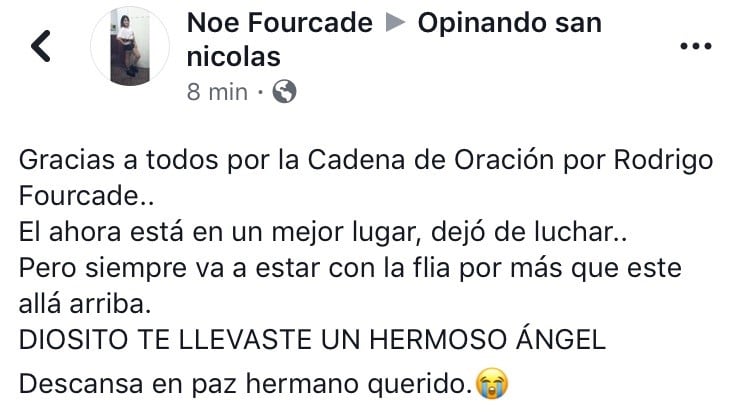 El mensaje que su hermana escribió en Facebook. (Captura)