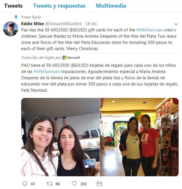 Paola Costantini, esposa de uno de los tripulantes fallecidos en el ARA San Juan, es quien recibió los presentes de Edward Burdick.