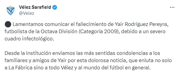 El comunicado oficial de Vélez anunciando la muerte de Yair.