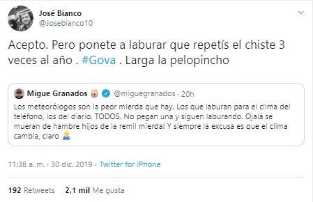 José Bianco le repondió a Migue Granados tras su ataque contra los meteorólogos (Captura de Twitter/ @josebianco10)