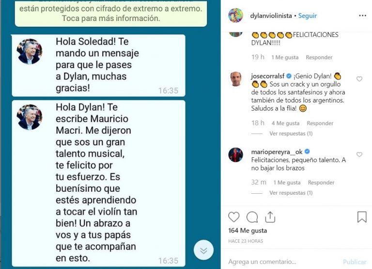 Mensaje de Mauricio Macri para Dylan. (Instagram/dylanviolinista)