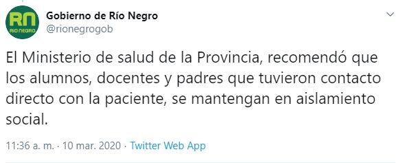 El gobierno de Río Negro viralizó las recomendaciones tras el primer caso de coronavirus en Viedma (web).