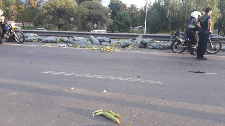 La carga de  choclos quedó esparcida sobre el asfalto.