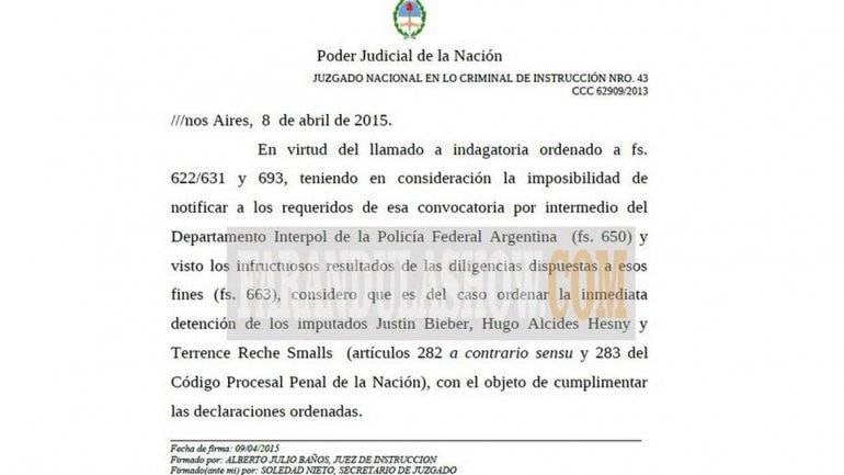 La justicia argentina ordena la detención "inmediata" de Justin Bieber