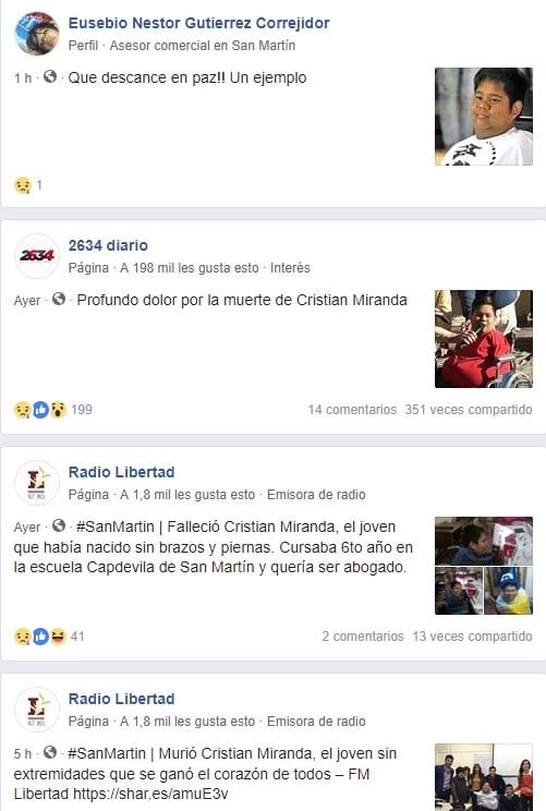 La gente se expresó en las redes sobe el fallecimiento de Cristian.