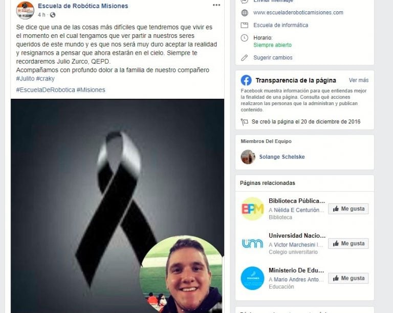 Escuela de Robótica de Posadas: despedida de Julio Zurco en la página del establecimiento educativo. (Facebook)