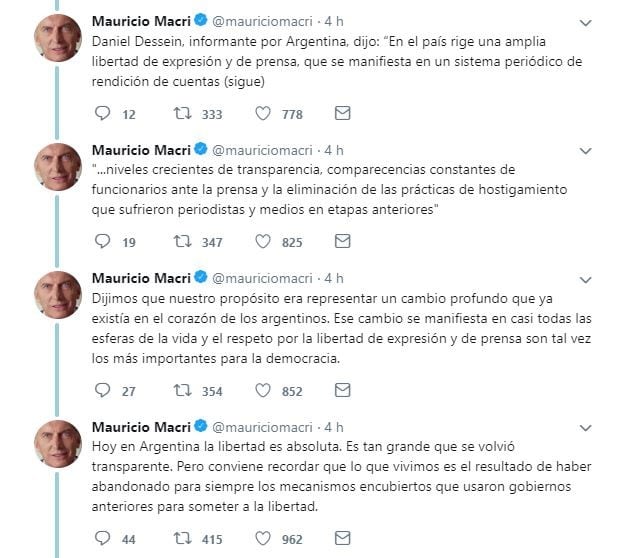 Mauricio Macri: "Argentina tiene la más amplia libertad de prensa de su historia"