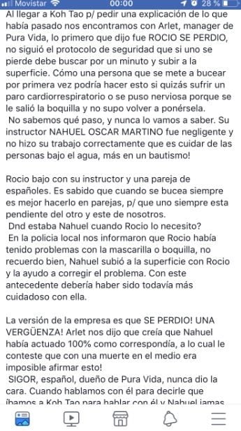 Rocío Leticia Gómez falleció durante un buceo de bautismo con la escuela "Pura Vida Diving" en Ko Tao, Tailandia, y Franco Cetti, su exnovio, detalló el confuso episodio.