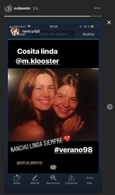 Marcela Kloosterboer compartió en sus Stories el recuerdo que publicó Nancy Duplaá de sus días en "Verano del 98"