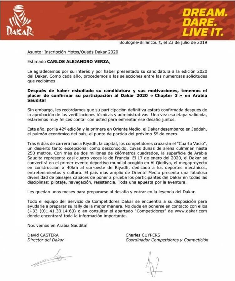 Ayer llegó el comunicado que confirmaba a Carlos Verza como corredor oficial del Dakar 2020.