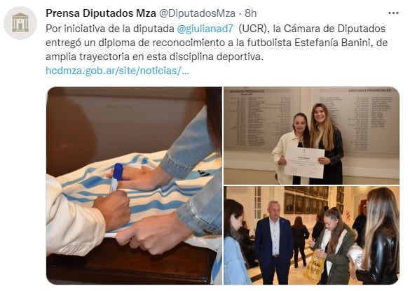 Diputados de Mendoza distinguieron a la futbolista Estefanía Banini.