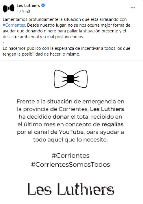 Les Luthiers donará plata a Corrientes frente a los incendios.