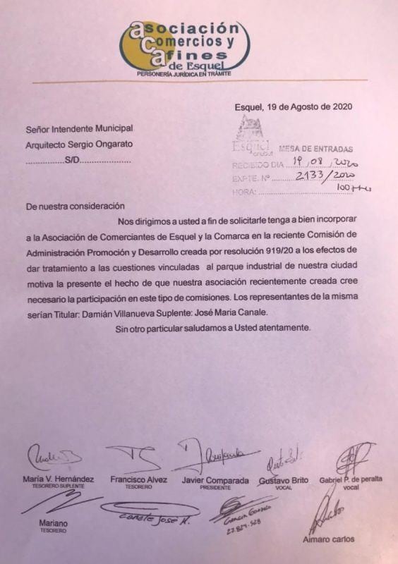 Nota presentada para la apertura de peloteros en Esquel.