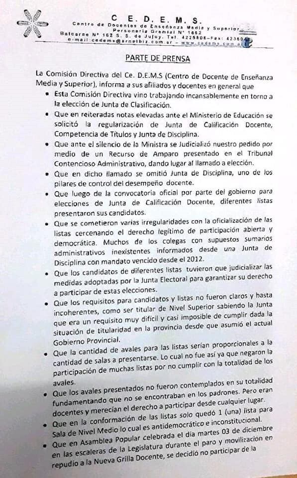 La conducción del CEDEMS emitió un informe sobre sus objeciones al llamado a  a elección de miembros de la Junta de Calificación docente.