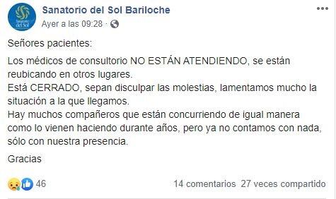 El sanatorio emitió un comunicado a través de su cuenta en Facebook (web).