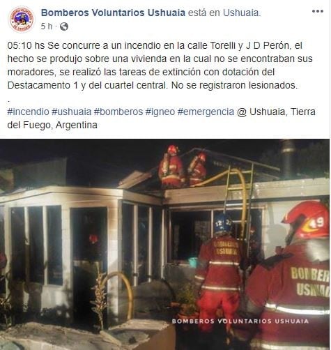 Incendio de vivienda en Ushuaia