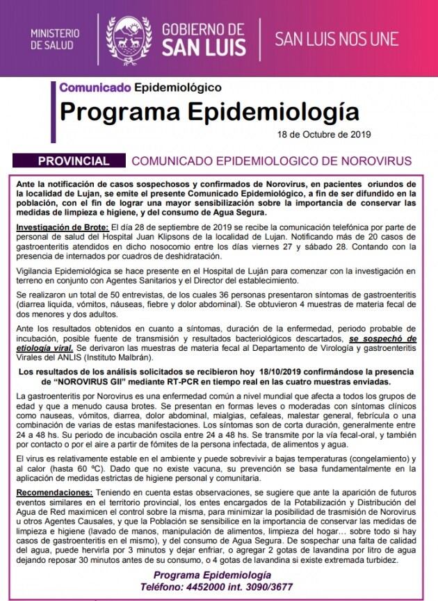 Comunicado de alerta por Norovirus en San Luis.