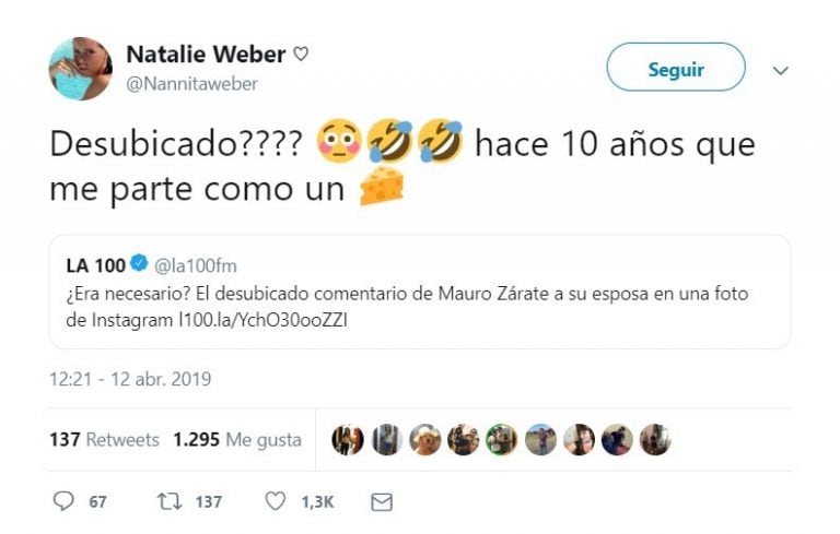 La respuesta de Natalie Weber (Foto: Captura Twitter/Nannitaweber)