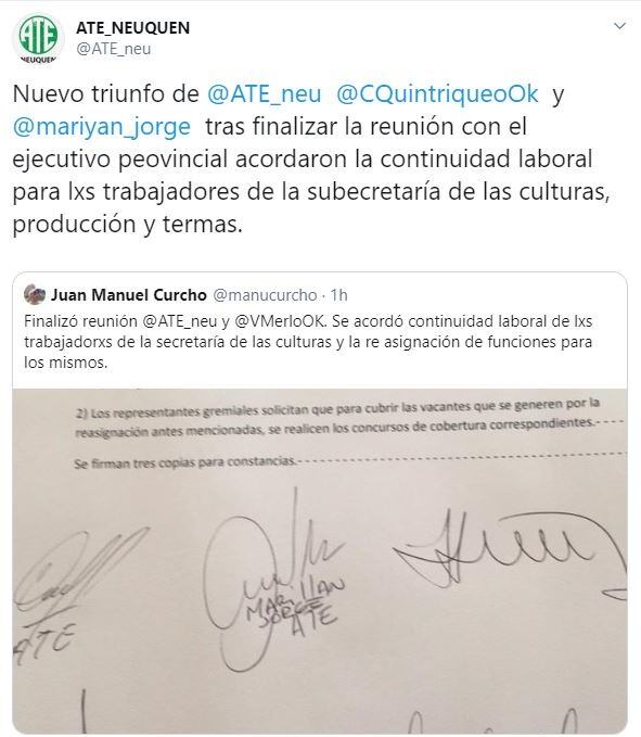 Así lo confirmó ATE Neuquén a través de redes sociales (web).