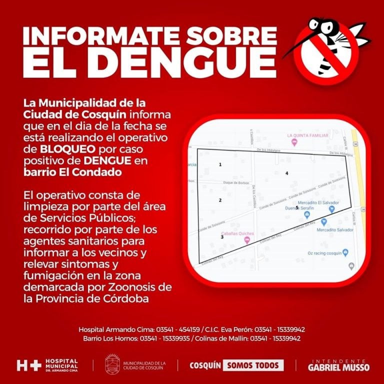 Dengue positivo en la ciudad de Cosquín.