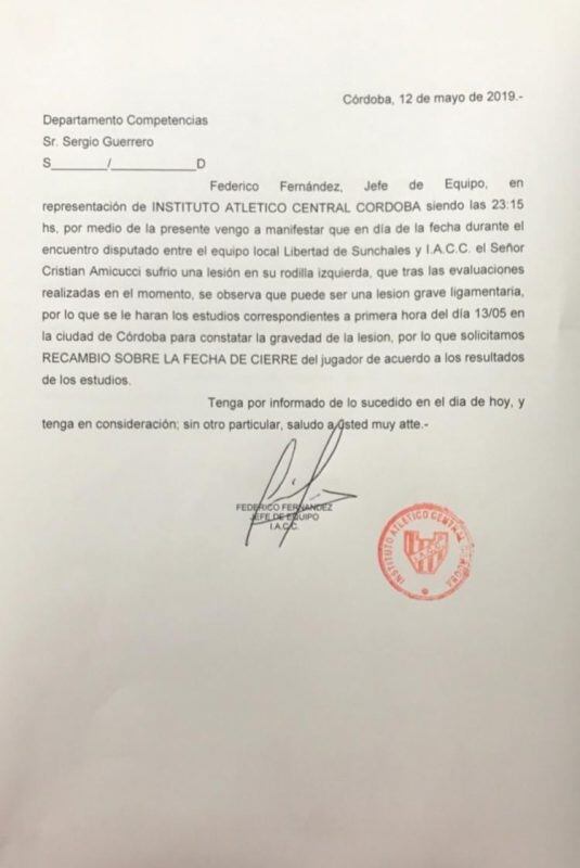 Parte médico de Cristian Amicucci.