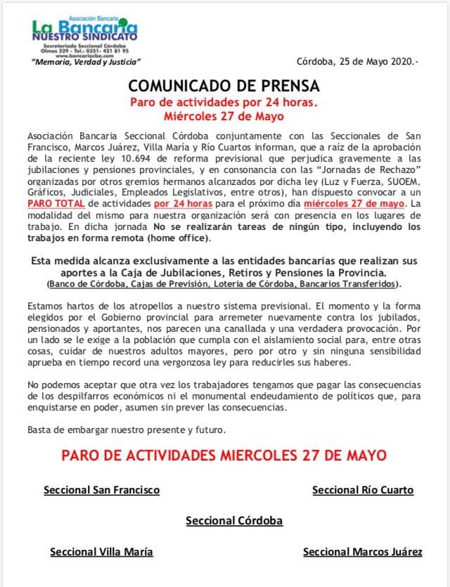 Paro por 24 horas de La Bancaria, Córdoba.