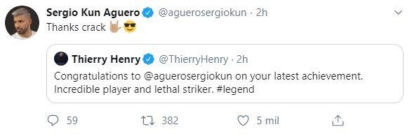 El elogio de Thierry Henry a Sergio Agüero. (Twitter)