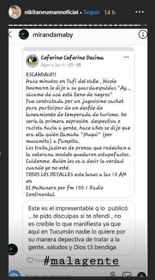 Nicole Neumann desmintió haber dicho un comentario racista en un evento en Tucumán