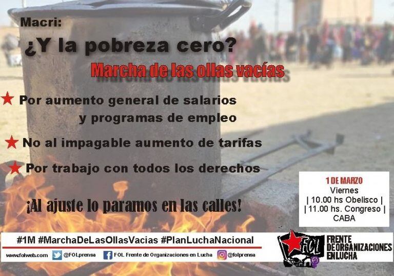 Marcha de las Ollas Vacías. (Fuente: Frente de Organizaciones en Lucha)