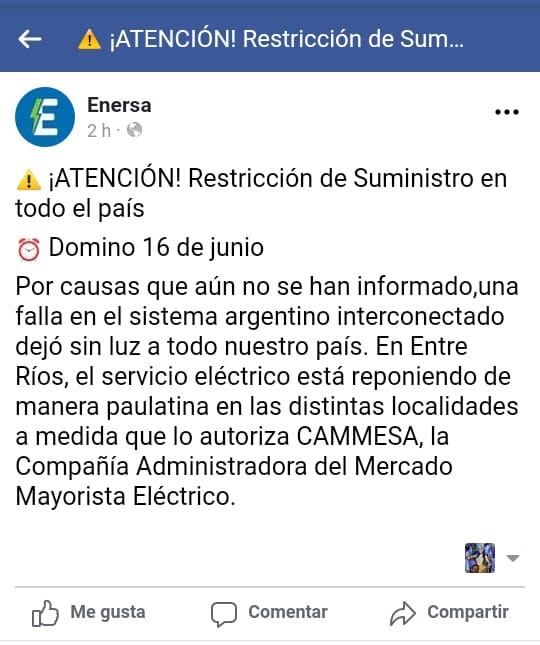 Comunicado ENERSA
Crédito: Facebook