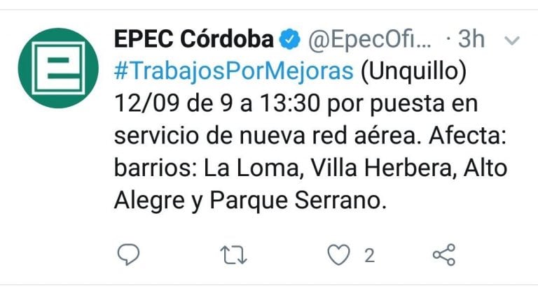 Trabajos de EPEC para este jueves 12 de septiembre.