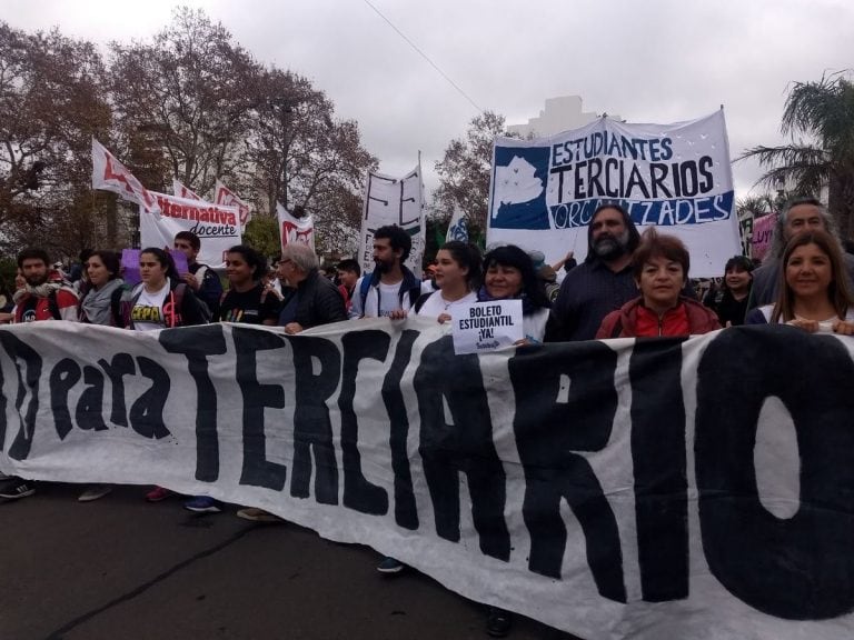 Gremios docentes también se sumaron a la marcha para exigir que el boleto estudiantil sea también para institutos terciarios (Web).