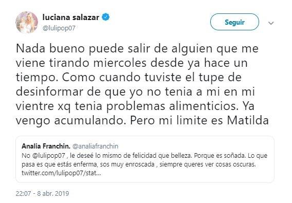 Luciana Salazar explotó contra Analía Franchín, que la criticó como madre (Foto: captura Twitter)