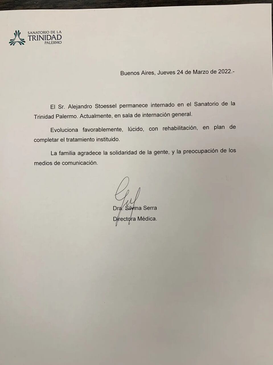 El último parte médico de Alejandro Stoessel