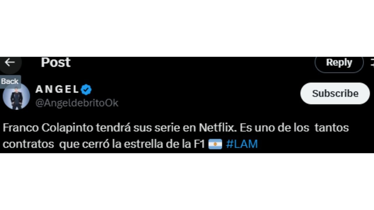 La primicia de Ángel de Brito sobre el nuevo proyecto de Franco Colapinto con Netflix.