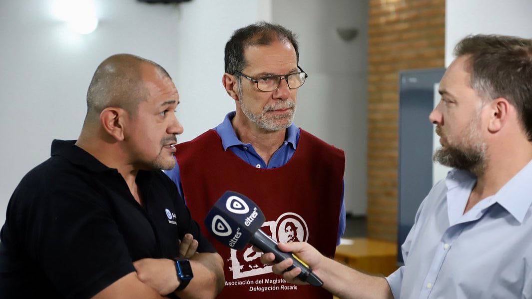 Martín Lucero, secretario general de Sadop en Rosario, y Juan Pablo Casiello, su par de Amsafe.