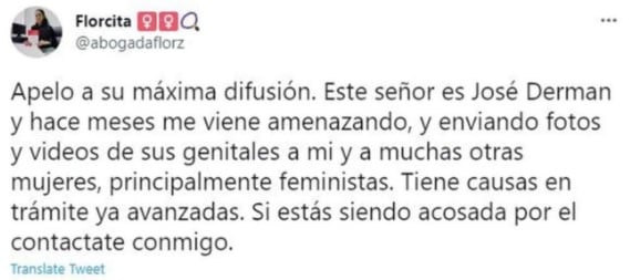 El tweet de la abogada que denunció a José Derman.