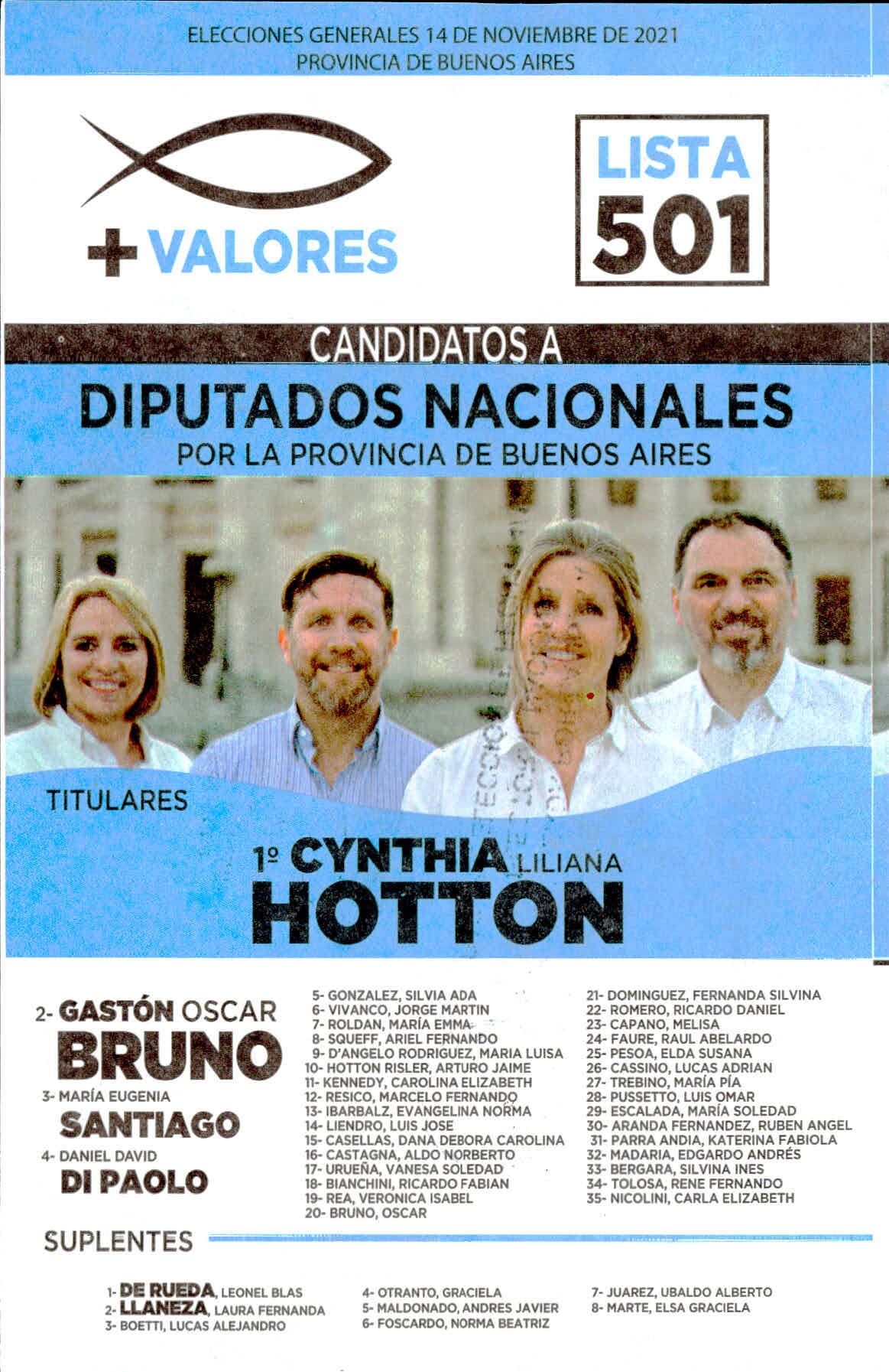 Boleta electoral de "+ Valores" para las Elecciones 2021 en la Provincia de Buenos Aires, con Cynthia Hotton a la cabeza de la lista.