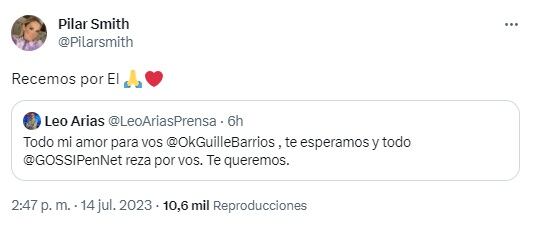 Los mensajes de Leo Arias y Pilar Smith en Twitter.