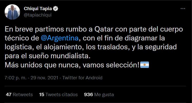 Claudio "Chiqui" Tapia anunció en redes sociales que viajará a Qatar para encontrar la sede para el Mundial