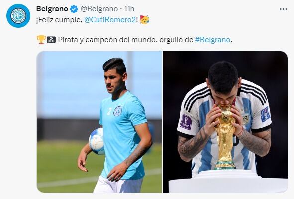 Belgrano saludó al Cuti Romero, un campeón del mundo que surgió al mundo con la casaca celeste.