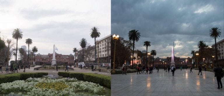 La foto tomada por Escandar en 2017 luego de una marcha de la CGT, a la izquierda; la plaza sin los canteros luego de su remodelación en mayo de 2018, a la derecha (Crédito:GCBA).